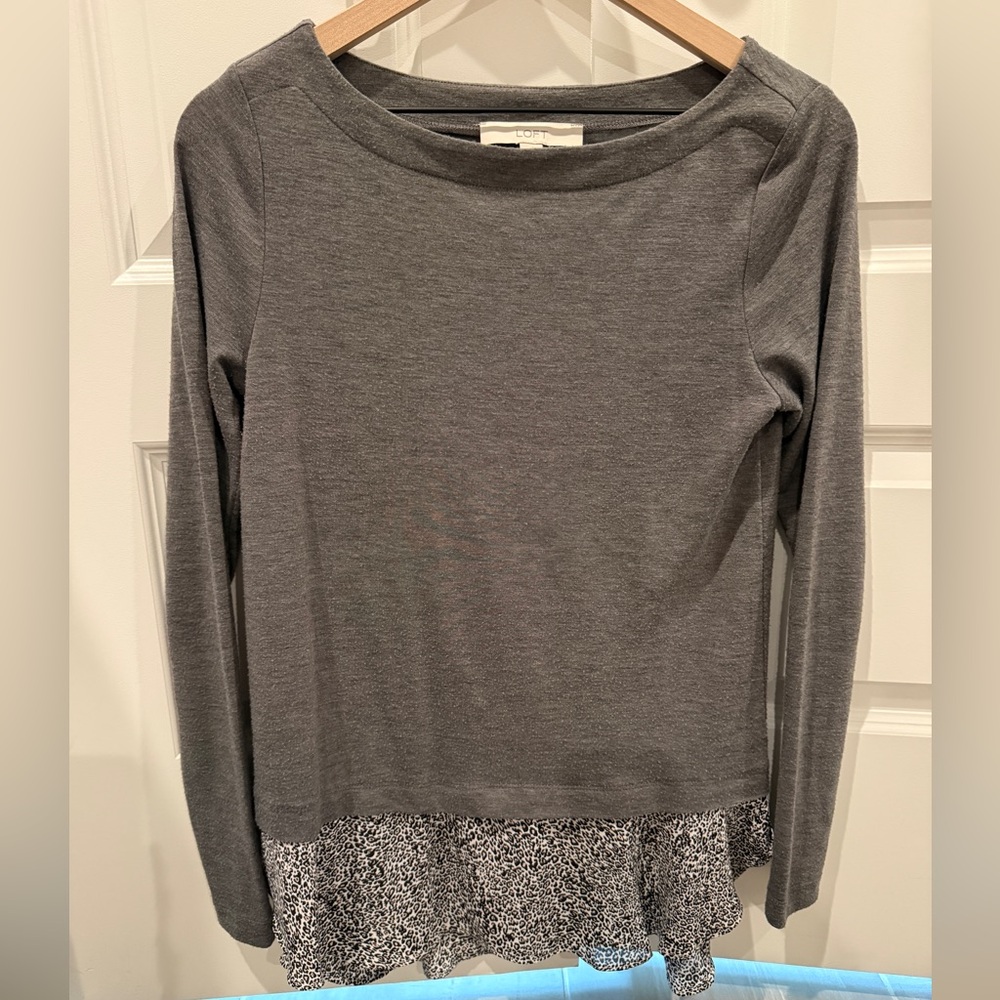 LOFT Charcoal Long Sleeve Top with Leopard Hem